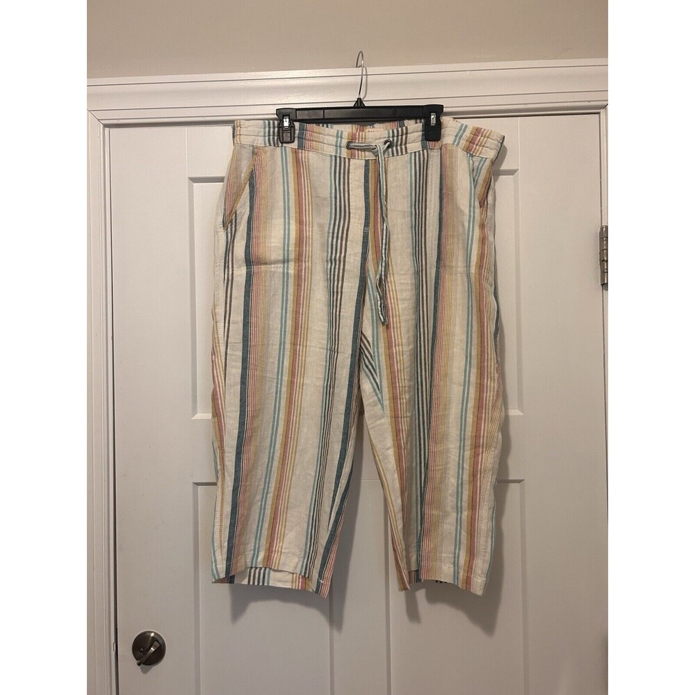 Per Se Linen Blend Summer Pants Size 1X Cropped Multicolor Striped Wide Leg